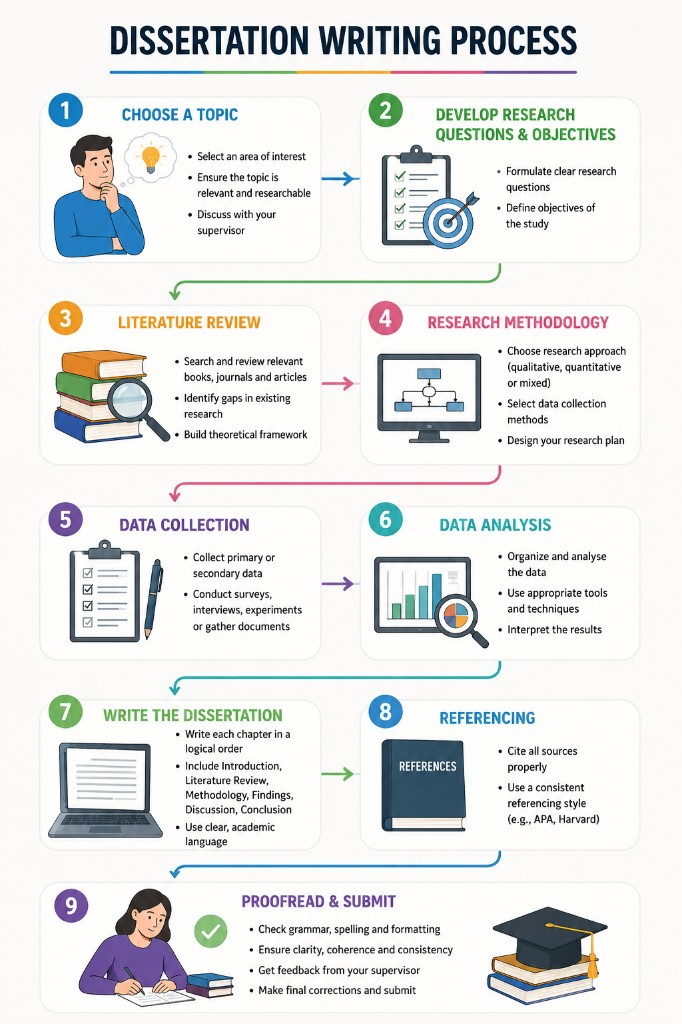 Dissertation writing process infographic with nine steps: choose a topic; develop research questions and objectives; literature review; research methodology; data collection; data analysis; write the dissertation; referencing; proofread and submit.